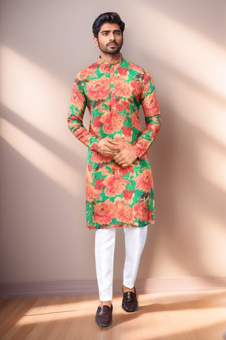 Shop Arihant Rai Sinha Green Modal, Silk Floral Printed Kurta Set Shop_Arihant Rai Sinha_Green Modal, Silk Floral Printed Kurta Set