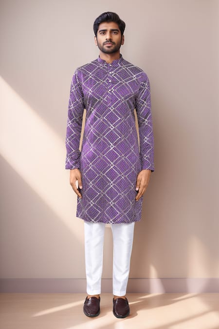 Shop_Arihant Rai Sinha_Purple Silk Sequins Bandhani Kurta Set _Online_at_Aza_Fashions