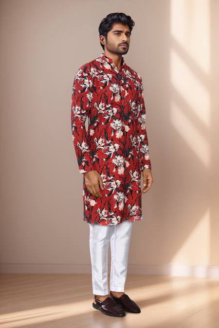 Buy Arihant Rai Sinha Maroon Rayon, Silk Sequins, Embroidery Botanical Print Kurta Set Online at Aza Fashions Buy_Arihant Rai Sinha_Maroon Rayon, Silk Sequins, Embroidery Botanical Print Kurta Set _Online_at_Aza_Fashions