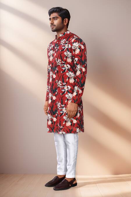 Shop Arihant Rai Sinha Maroon Rayon, Silk Sequins, Embroidery Botanical Print Kurta Set Online at Aza Fashions Shop_Arihant Rai Sinha_Maroon Rayon, Silk Sequins, Embroidery Botanical Print Kurta Set _Online_at_Aza_Fashions