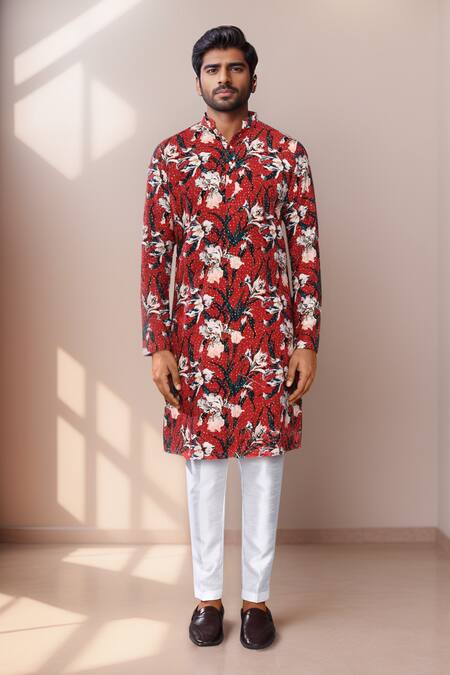 Arihant Rai Sinha Maroon Rayon, Silk Sequins, Embroidery Botanical Print Kurta Set at Aza Fashions Arihant Rai Sinha_Maroon Rayon, Silk Sequins, Embroidery Botanical Print Kurta Set _at_Aza_Fashions