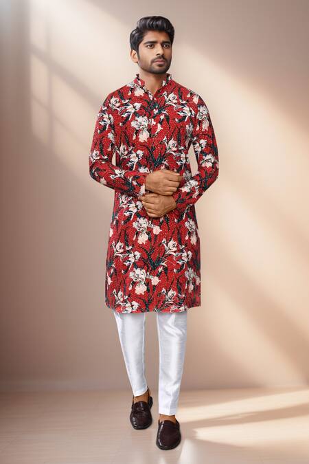 Buy Arihant Rai Sinha Maroon Rayon, Silk Sequins, Embroidery Botanical Print Kurta Set Buy_Arihant Rai Sinha_Maroon Rayon, Silk Sequins, Embroidery Botanical Print Kurta Set