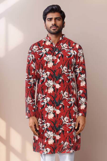 Shop Arihant Rai Sinha Maroon Rayon, Silk Sequins, Embroidery Botanical Print Kurta Set Shop_Arihant Rai Sinha_Maroon Rayon, Silk Sequins, Embroidery Botanical Print Kurta Set