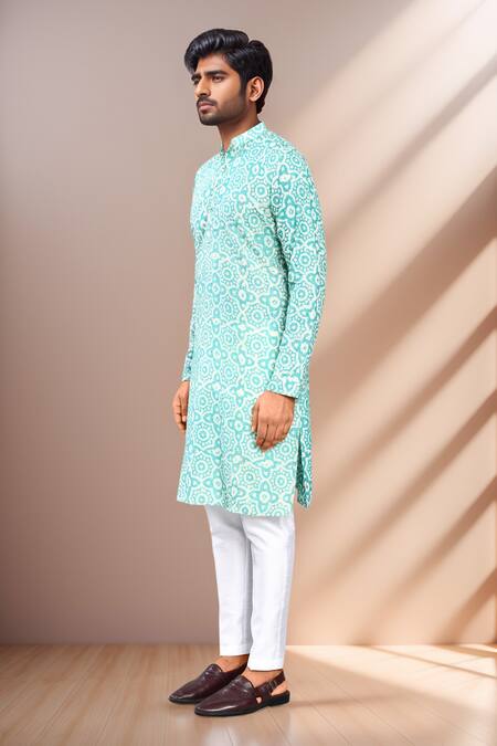 Buy_Arihant Rai Sinha_Blue Rayon, Silk Geometric Print Kurta Set _Online_at_Aza_Fashions