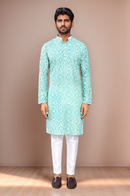 Shop_Arihant Rai Sinha_Blue Rayon, Silk Geometric Print Kurta Set _Online_at_Aza_Fashions