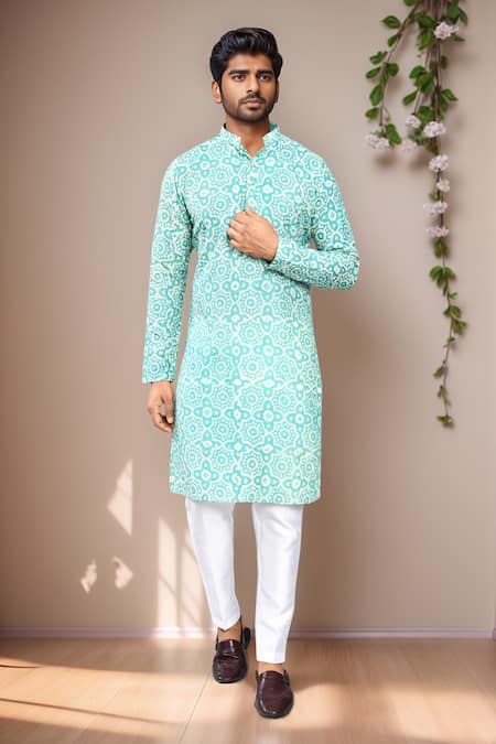 Arihant Rai Sinha_Blue Rayon, Silk Geometric Print Kurta Set _at_Aza_Fashions