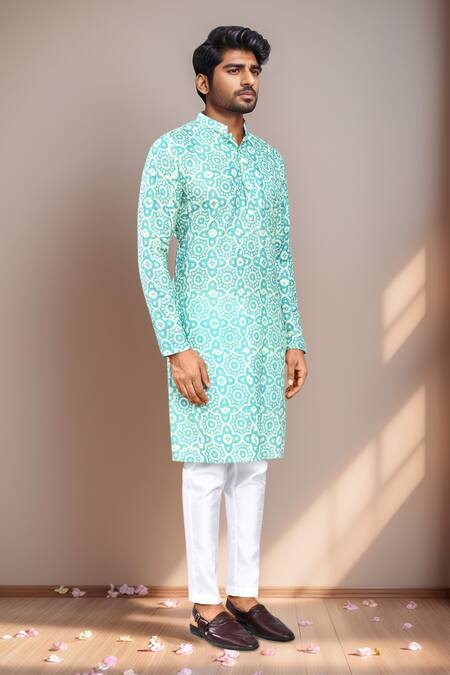 Buy_Arihant Rai Sinha_Blue Rayon, Silk Geometric Print Kurta Set 