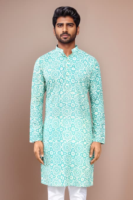 Shop_Arihant Rai Sinha_Blue Rayon, Silk Geometric Print Kurta Set 