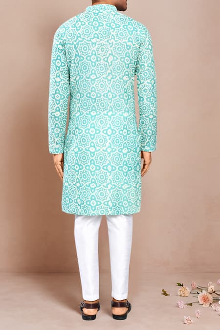 Shop_Arihant Rai Sinha_Blue Rayon, Silk Geometric Print Kurta Set _at_Aza_Fashions