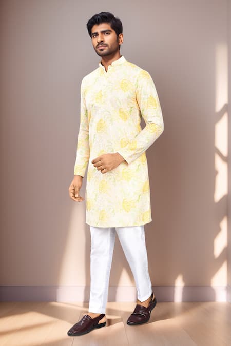 Buy_Arihant Rai Sinha_Yellow Rayon, Silk Garden Print Kurta Set_Online_at_Aza_Fashions
