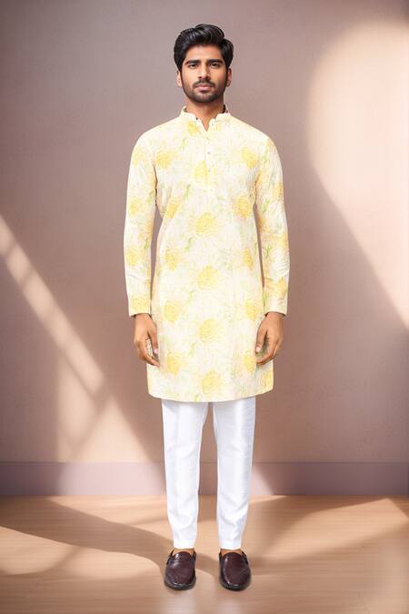 Shop_Arihant Rai Sinha_Yellow Rayon, Silk Garden Print Kurta Set_Online_at_Aza_Fashions