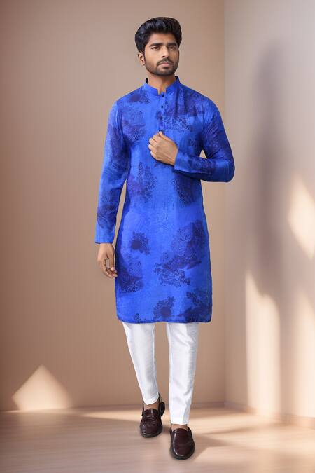 Shop Arihant Rai Sinha Blue Cotton, Silk Florette Print Kurta Set Online at Aza Fashions Shop_Arihant Rai Sinha_Blue Cotton, Silk Florette Print Kurta Set_Online_at_Aza_Fashions