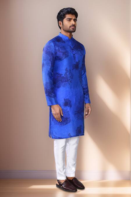 Shop Arihant Rai Sinha Blue Cotton, Silk Florette Print Kurta Set Shop_Arihant Rai Sinha_Blue Cotton, Silk Florette Print Kurta Set