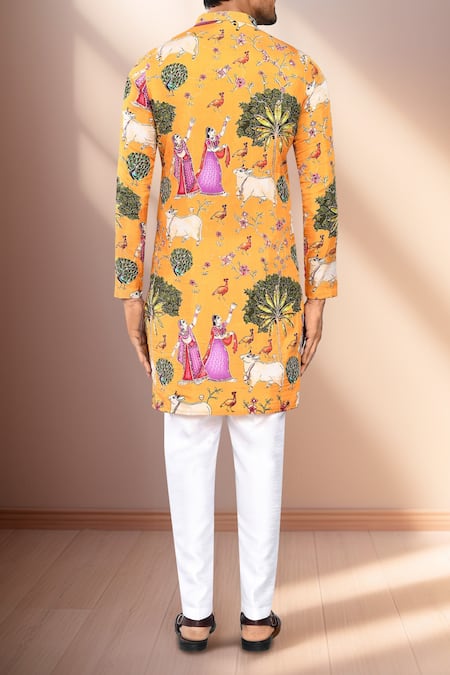 Arihant Rai Sinha_Yellow Rayon, Silk Botanical Print Kurta And Pant Set _Online_at_Aza_Fashions