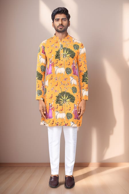 Shop_Arihant Rai Sinha_Yellow Rayon, Silk Botanical Print Kurta And Pant Set _Online_at_Aza_Fashions