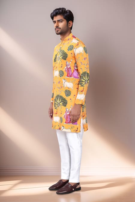 Arihant Rai Sinha_Yellow Rayon, Silk Botanical Print Kurta And Pant Set _at_Aza_Fashions