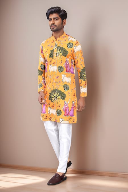 Buy_Arihant Rai Sinha_Yellow Rayon, Silk Botanical Print Kurta And Pant Set 
