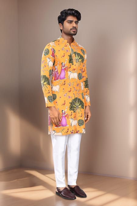 Shop_Arihant Rai Sinha_Yellow Rayon, Silk Botanical Print Kurta And Pant Set 