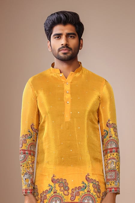 Arihant Rai Sinha_Yellow Rayon, Silk Zari, Sequins Embroidered Kurta Set _at_Aza_Fashions