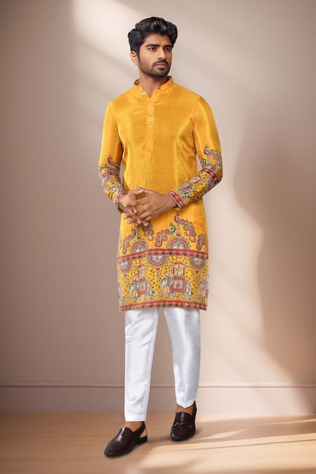 Buy_Arihant Rai Sinha_Yellow Rayon, Silk Zari, Sequins Embroidered Kurta Set 