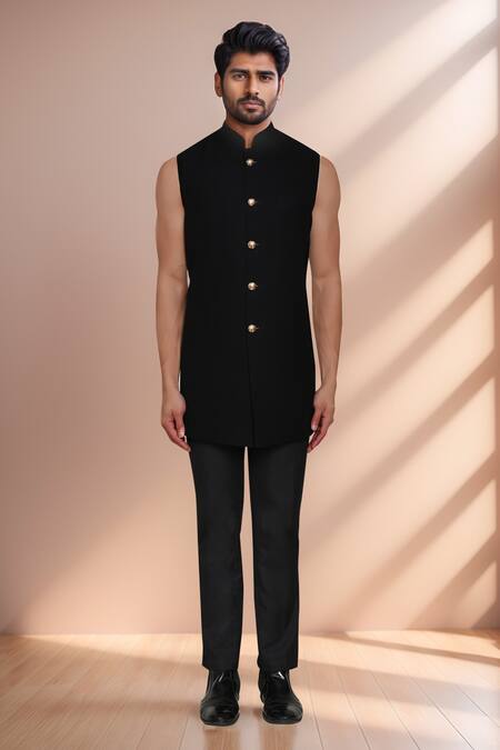 Arihant Rai Sinha Black Jacquard, Terrycloth Geometric Woven Bandhgala Set Online at Aza Fashions Arihant Rai Sinha_Black Jacquard, Terrycloth Geometric Woven Bandhgala Set _Online_at_Aza_Fashions