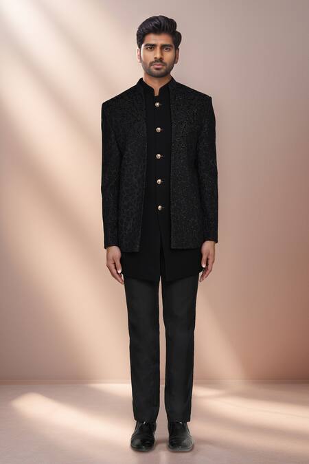 Shop Arihant Rai Sinha Black Jacquard, Terrycloth Geometric Woven Bandhgala Set Online at Aza Fashions Shop_Arihant Rai Sinha_Black Jacquard, Terrycloth Geometric Woven Bandhgala Set _Online_at_Aza_Fashions