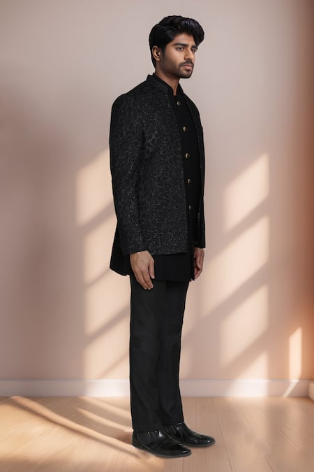 Arihant Rai Sinha Black Jacquard, Terrycloth Geometric Woven Bandhgala Set at Aza Fashions Arihant Rai Sinha_Black Jacquard, Terrycloth Geometric Woven Bandhgala Set _at_Aza_Fashions