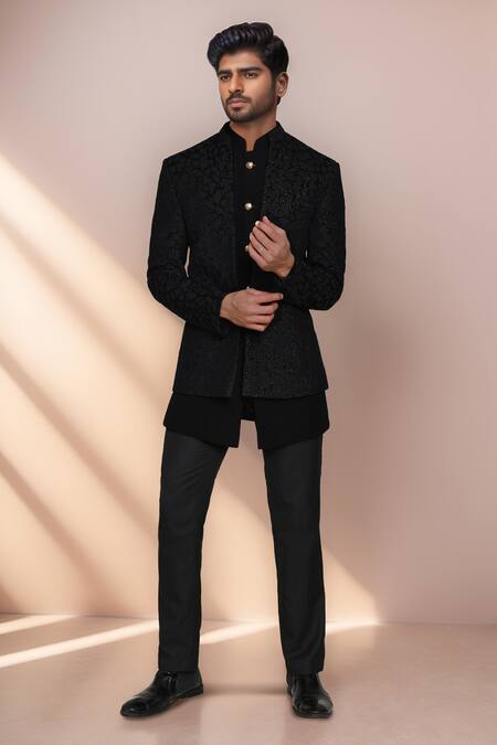 Buy Arihant Rai Sinha Black Jacquard, Terrycloth Geometric Woven Bandhgala Set Buy_Arihant Rai Sinha_Black Jacquard, Terrycloth Geometric Woven Bandhgala Set