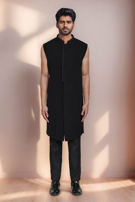 Arihant Rai Sinha_Purple Velvet, Terrycloth Applique Bandhgala Set _Online_at_Aza_Fashions