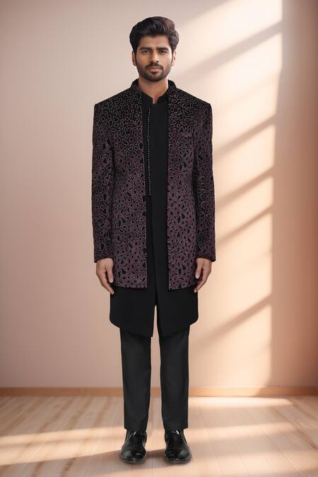 Buy_Arihant Rai Sinha_Purple Velvet, Terrycloth Applique Bandhgala Set _Online_at_Aza_Fashions