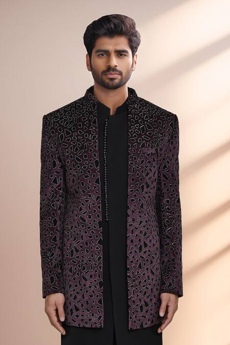 Shop_Arihant Rai Sinha_Purple Velvet, Terrycloth Applique Bandhgala Set _Online_at_Aza_Fashions
