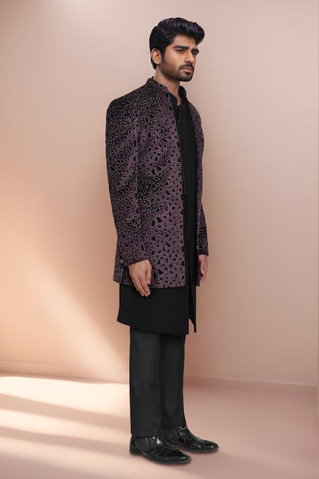 Arihant Rai Sinha_Purple Velvet, Terrycloth Applique Bandhgala Set _at_Aza_Fashions