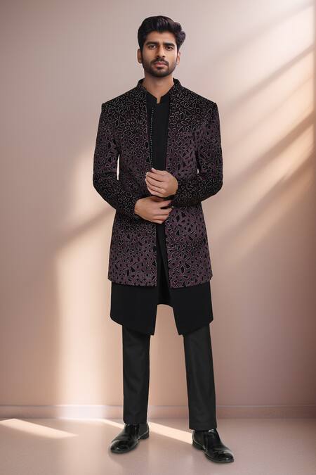 Buy_Arihant Rai Sinha_Purple Velvet, Terrycloth Applique Bandhgala Set 