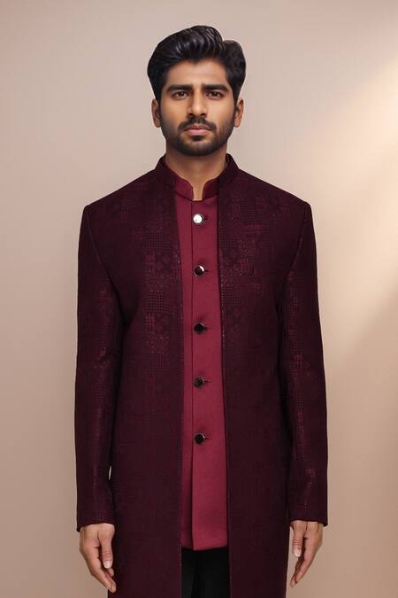Arihant Rai Sinha Maroon Jacquard, Terrycloth Geometric Woven Bandhgala Set Online at Aza Fashions Arihant Rai Sinha_Maroon Jacquard, Terrycloth Geometric Woven Bandhgala Set _Online_at_Aza_Fashions