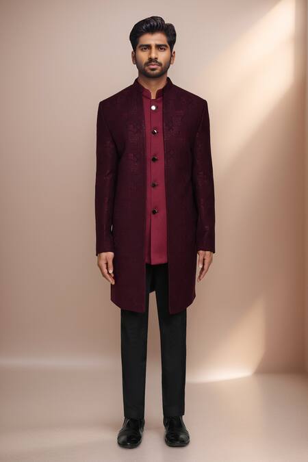 Shop Arihant Rai Sinha Maroon Jacquard, Terrycloth Geometric Woven Bandhgala Set Online at Aza Fashions Shop_Arihant Rai Sinha_Maroon Jacquard, Terrycloth Geometric Woven Bandhgala Set _Online_at_Aza_Fashions