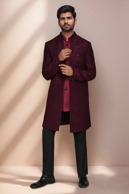 Buy Arihant Rai Sinha Maroon Jacquard, Terrycloth Geometric Woven Bandhgala Set Buy_Arihant Rai Sinha_Maroon Jacquard, Terrycloth Geometric Woven Bandhgala Set