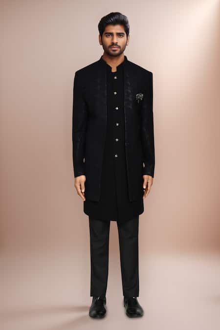 Arihant Rai Sinha_Blue Jacquard, Rayon Checkered Woven Bandhgala Set _Online_at_Aza_Fashions