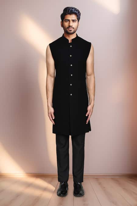 Buy_Arihant Rai Sinha_Blue Jacquard, Rayon Checkered Woven Bandhgala Set _Online_at_Aza_Fashions