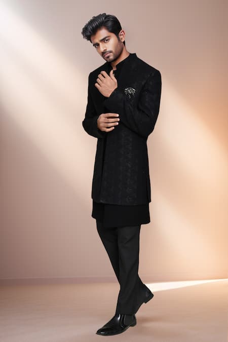 Shop_Arihant Rai Sinha_Blue Jacquard, Rayon Checkered Woven Bandhgala Set _Online_at_Aza_Fashions