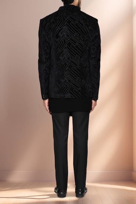 Shop Arihant Rai Sinha Black Velvet, Terrycloth Geometric Bandhgala Set at Aza Fashions Shop_Arihant Rai Sinha_Black Velvet, Terrycloth Geometric Bandhgala Set _at_Aza_Fashions