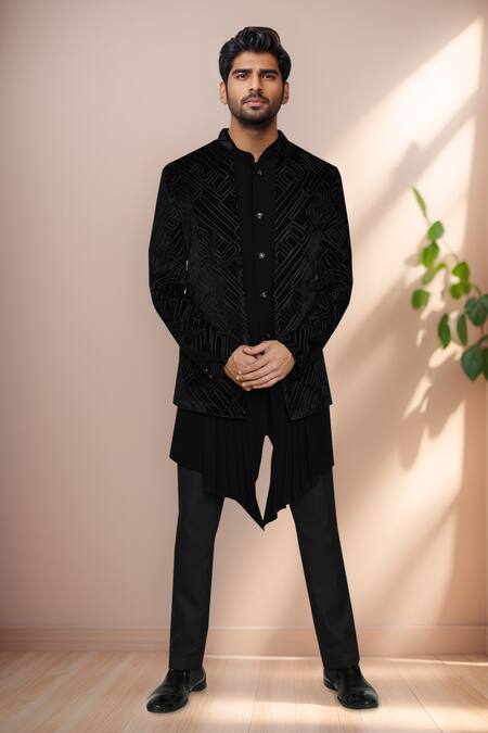 Shop Arihant Rai Sinha Black Velvet, Terrycloth Geometric Bandhgala Set Online at Aza Fashions Shop_Arihant Rai Sinha_Black Velvet, Terrycloth Geometric Bandhgala Set _Online_at_Aza_Fashions