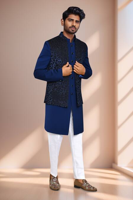 Buy Arihant Rai Sinha Blue Jacquard, Terrycloth, Silk Geometric Woven Bundi And Kurta Set Online at Aza Fashions Buy_Arihant Rai Sinha_Blue Jacquard, Terrycloth, Silk Geometric Woven Bundi And Kurta Set _Online_at_Aza_Fashions
