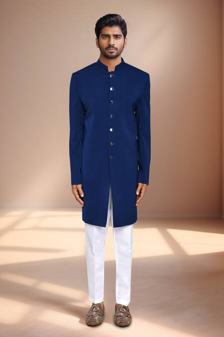 Shop Arihant Rai Sinha Blue Jacquard, Terrycloth, Silk Geometric Woven Bundi And Kurta Set Online at Aza Fashions Shop_Arihant Rai Sinha_Blue Jacquard, Terrycloth, Silk Geometric Woven Bundi And Kurta Set _Online_at_Aza_Fashions