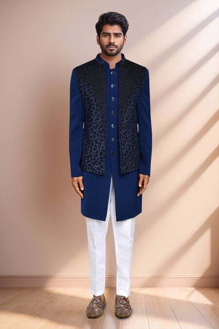 Arihant Rai Sinha Blue Jacquard, Terrycloth, Silk Geometric Woven Bundi And Kurta Set at Aza Fashions Arihant Rai Sinha_Blue Jacquard, Terrycloth, Silk Geometric Woven Bundi And Kurta Set _at_Aza_Fashions