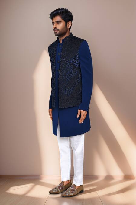 Buy Arihant Rai Sinha Blue Jacquard, Terrycloth, Silk Geometric Woven Bundi And Kurta Set Buy_Arihant Rai Sinha_Blue Jacquard, Terrycloth, Silk Geometric Woven Bundi And Kurta Set