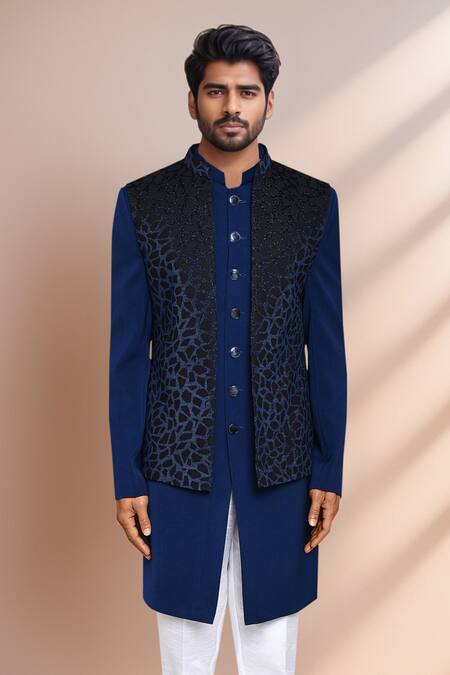 Shop Arihant Rai Sinha Blue Jacquard, Terrycloth, Silk Geometric Woven Bundi And Kurta Set Shop_Arihant Rai Sinha_Blue Jacquard, Terrycloth, Silk Geometric Woven Bundi And Kurta Set