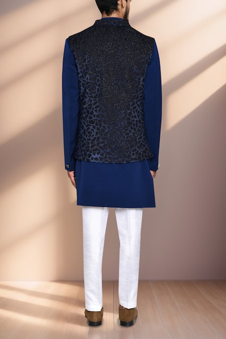 Shop Arihant Rai Sinha Blue Jacquard, Terrycloth, Silk Geometric Woven Bundi And Kurta Set at Aza Fashions Shop_Arihant Rai Sinha_Blue Jacquard, Terrycloth, Silk Geometric Woven Bundi And Kurta Set _at_Aza_Fashions