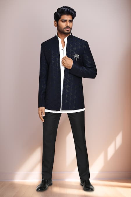 Aryavir Malhotra Navy Blue Geometric Woven Prince Coat Set 