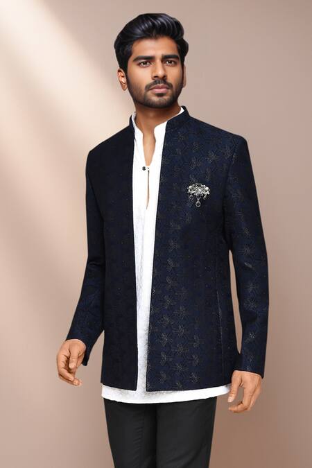 Arihant Rai Sinha White Cotton, Terrycloth, Jacquard Navy Blue Geometric Woven Prince Coat Set Online at Aza Fashions Arihant Rai Sinha_White Cotton, Terrycloth, Jacquard Navy Blue Geometric Woven Prince Coat Set _Online_at_Aza_Fashions
