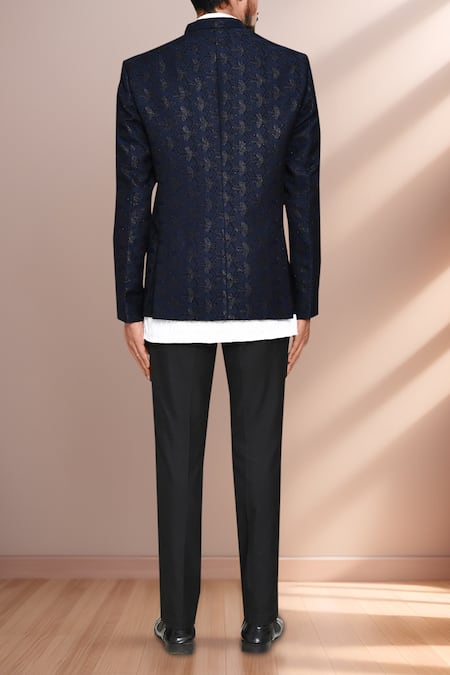 Shop Arihant Rai Sinha White Cotton, Terrycloth, Jacquard Navy Blue Geometric Woven Prince Coat Set at Aza Fashions Shop_Arihant Rai Sinha_White Cotton, Terrycloth, Jacquard Navy Blue Geometric Woven Prince Coat Set _at_Aza_Fashions